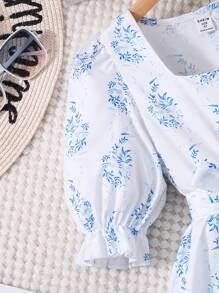 SHEIN Rochie de vară pentru fete Tween, cu gât pătrat, la modă simplă, cu mâneci scurte