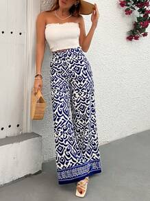EURMUSE Boho Ikat-Print Wide-Leg Pants - Blue & White | Elevate Your Summer Style With These Striking Ikat-Print Pants, Featuring A Relaxed Wide-Leg Fit And Lightweight, Airy Fabric For Ultimate Comfort. Perfect For Beach Days, Vacations, Or Adding A Pop Of Color To Your Everyday Wardrobe, These High-Waist Pants Combine Bold Patterns With Effortless Elegance - Blue - View 6