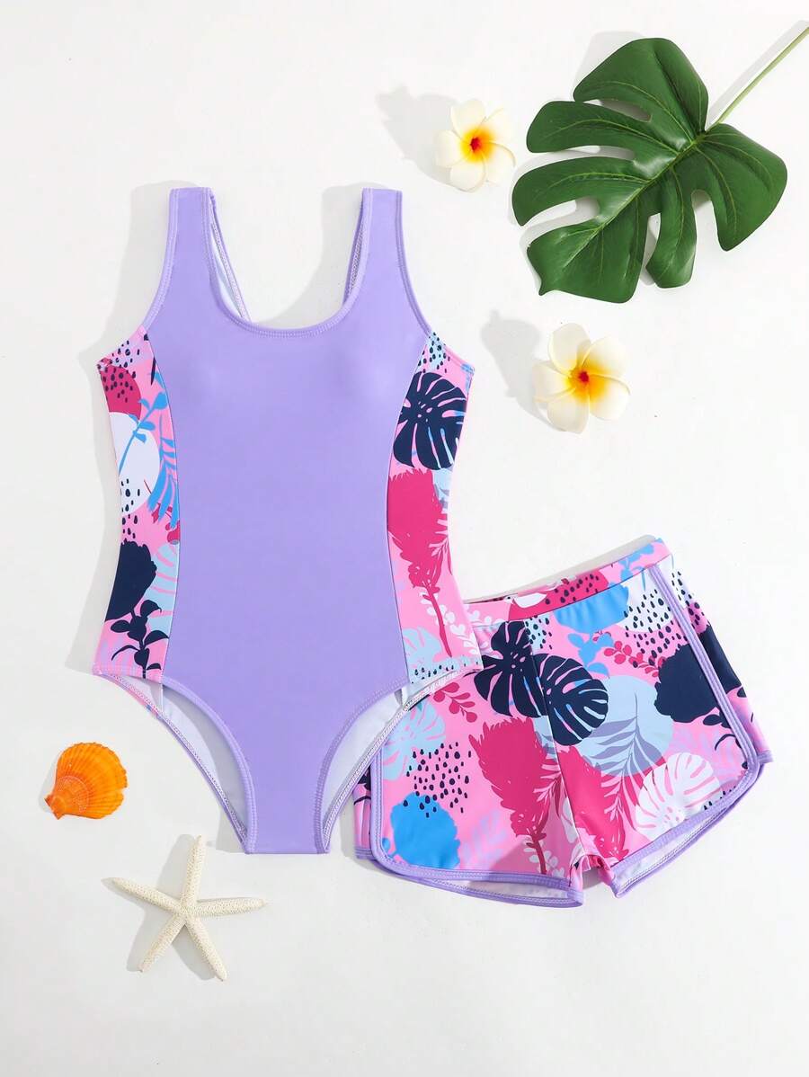 SHEIN Tween Girl' Swimwear/One-Piece/Printed/2pcs Set - Multicolor - View 1