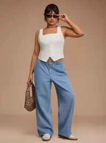 Forever 21 大码女式口袋设计阔腿宽松休闲百搭牛仔裤