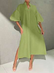 SHEIN Privé Plus Size Women's Elegant Vacation Beach Romantic Date Wedding Party Stand Collar Lantern Sleeve Mid-Length Loose Dress, Suitable For Summer - Green - View 9