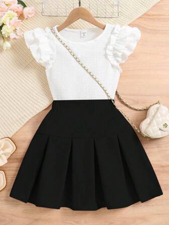 SHEIN WESTFADE Young Tween Girl Textured Top With Ruffle Sleeve And Pleated Skirt 2 Pieces Set