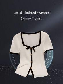 GlowEve Women's Knitted Metallic Button & Sequin Bow Accent Fitted Short Sleeve T-Shirt, Round Neck, For Summer Vacation (Pattern Randomly Selected) - White - View 3