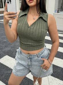 SHEIN EZwear Débardeur femme vert grande taille sans manches avec col châle