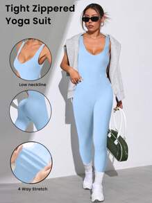Easithlete 女士纯色 V 领无袖日常健身连体裤 - 淺藍色 - 查看 1