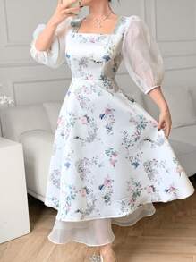 Modelyn Đầm lưới cổ vuông in hoa tay dài cho nữ, thanh lịch - trắng - Xem 1