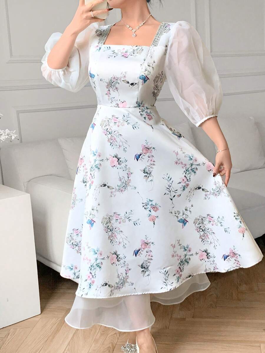 Modelyn Đầm lưới cổ vuông in hoa tay dài cho nữ, thanh lịch - trắng - Xem 1