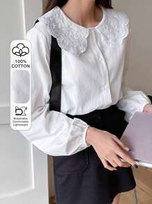 DAZY Lantern Sleeve Eyelet Embroidered Statement Collar Blouse,Long Sleeve Tops,Fall Clothes Preppy Tops - White - View 8