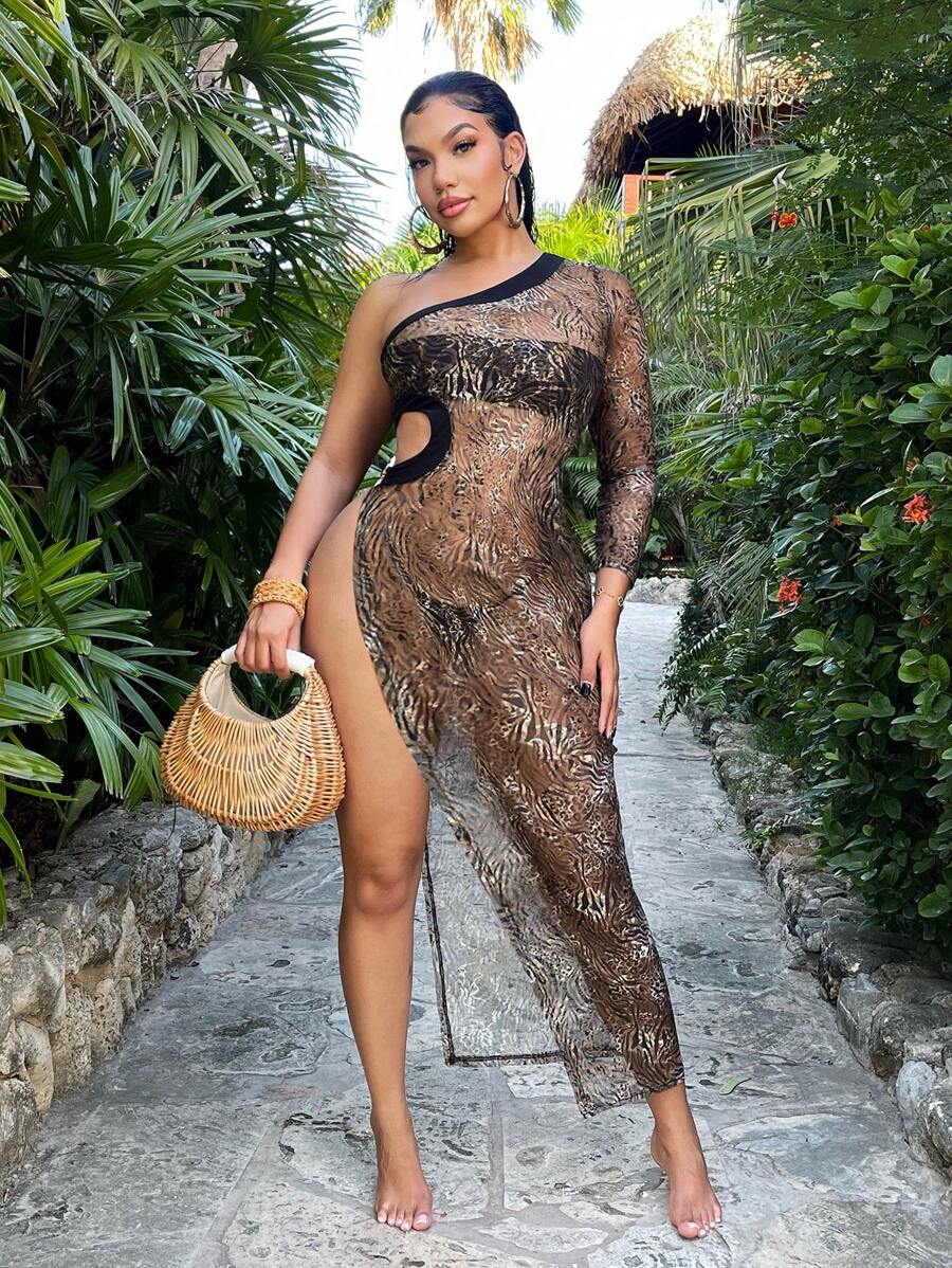 SHEIN SXY Robe décontractée simple ajustée et transparente à manches longues et épaules obliques pour femmes - Multicolore - Voir 1