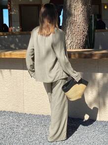 Livesso Set de 2 piezas con camisa suelta de unicolor y pantalones de pierna ancha para mujer
