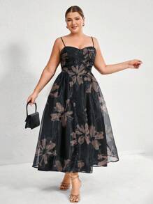 Aveloria Rosie Vestido de línea A para mujer, con base negra elegante estilo francés, estampado floral beige en tela de organza, costuras con copas de sujetador y cintura ceñida