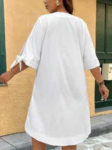 SHEIN Clasi Plus Size V Neck Tie Cuff Long Back Short Front Loose Casual Dress - White - View 2