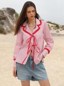 SHEIN Unity Romantic Striped Casual Versatile Collared Contrast Ruffle Hem Bowknot Front Long Sleeve Shirt Fall Cloth For Women - Multicolor - View 5