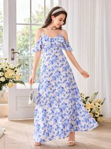 SHEIN Girlism Vestido sin mangas con estampado floral azul y blanco y volantes en el bajo, adecuado para festivales, fiestas, temporada de regreso a clases, ceremonias de graduación, damas de honor, bodas, invitados de boda, elegante