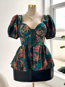 Sweetra Plus Size Elegant Floral Print Puff Sleeve Blouse Elegant Exquisite - Dark Green - View 3