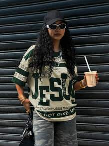 INAWLY Women's Colorblock Striped Slogan Print Crew Neck T-Shirt - Dark Green - View 4