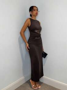 SHEIN BAE Quần áo mùa xuân hè Váy dài ren thanh lịch cho nữ, Váy thanh lịch cho nữ, Trang phục dự tiệc cho nữ, Váy năm mới cho nữ, Trang phục năm mới cho nữ, Váy dự tiệc năm mới - Cà phê nâu - Xem 5