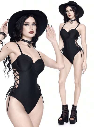 Goth 1pc Women's Solid Color Minimalist Spaghetti Strap One-Piece Swimsuit, Fashionable For Summer, Halloween
