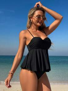 SHEIN 2pcs/Set Women's Textured Fabric Solid Color Spaghetti Strap Ruffle Hem Camisole & Tankini Swimwear Set, Summer Beachwear