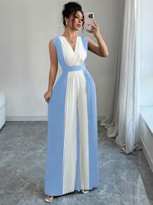 SHEIN Elenzya 女士 V 领褶皱腰阔腿连体裤，优雅休闲装，适合日常、通勤和度假 - 彩色 - 查看 5