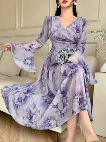 DAZY V-Neck Floral Print Midi Ruffled Hem Dress For Women Elegant,Fall Dress Long Sleeve Dress Easter - Purple - View 3