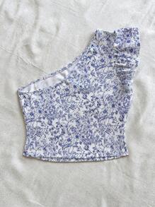 SHEIN VCAY Plus Size One Shoulder Floral Print Double-Layer Cap Sleeve Fitted T-Shirt - Blue and White - View 2