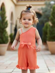 Baby Girls' Asymmetrical Romper With Sunshine Orange Design, Summer - Orange - View 2