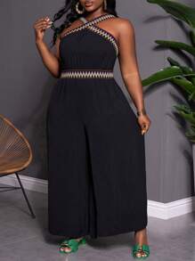 SHEIN CURVE+ Plus Size Women's Vacation Criss-Cross Wavy Striped Halter Neck Loose Wide Leg Jumpsuit Boho Vacation - Black - View 7