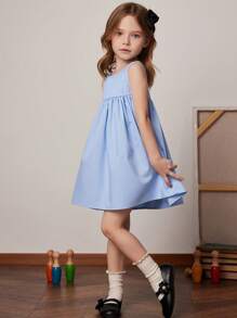 PrepCrw Young Girls' Spring/Summer Pleated Sleeveless Round Neck Blue Woven Dress - Blue - View 1