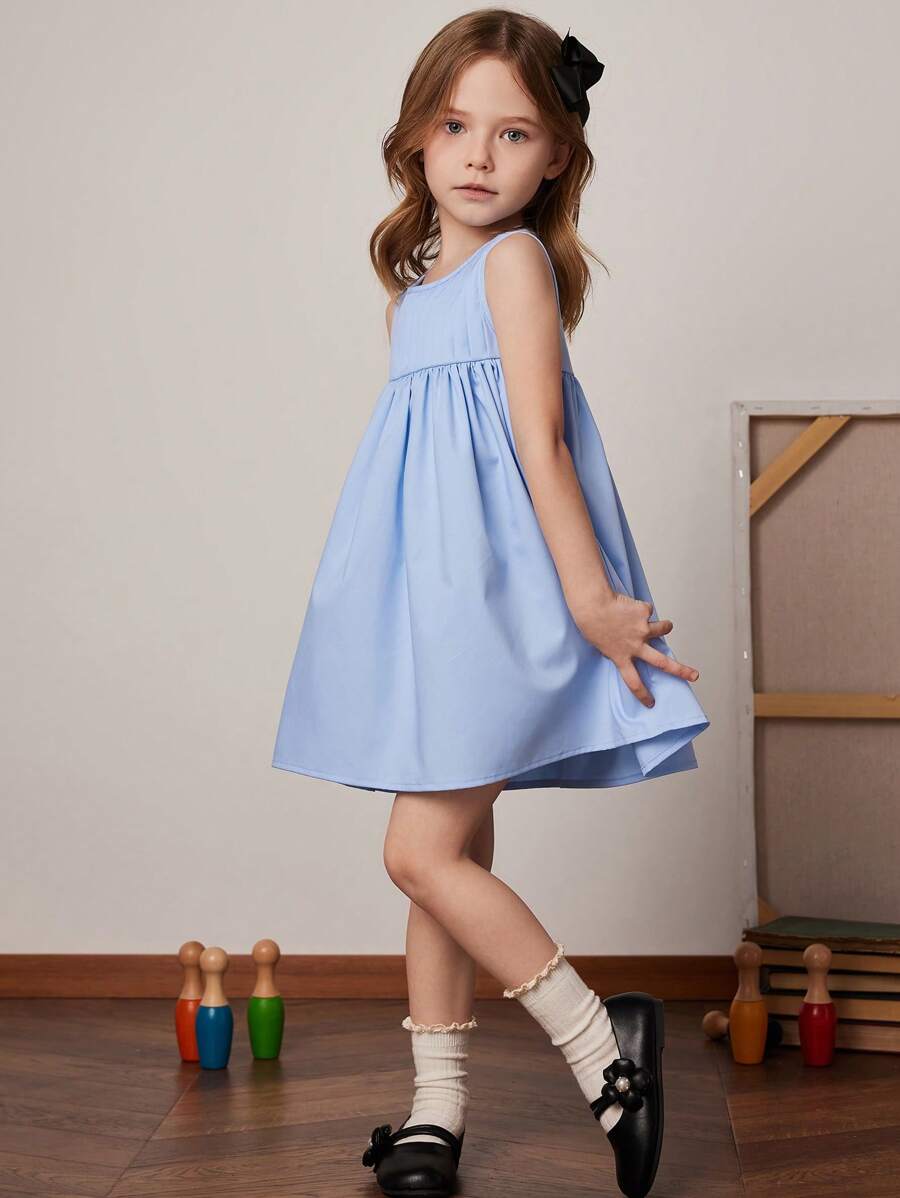 PrepCrw Young Girls' Spring/Summer Pleated Sleeveless Round Neck Blue Woven Dress - Blue - View 1