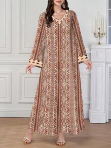 Al Najma Women Geometric Print V-Neck Long Sleeve Dress,Modest - Multicolor - View 1