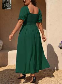 SHEIN Clasi Plus Size Casual Commuter Solid Color Puff Sleeve Split Dress - Green - View 2