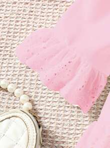 2pcs Young Girl Ruffled Open Shoulder Blouse Top And Pearl Embellished Denim Long Pants Set, Suitable For Everyday Summer Wear - Dusty Pink - View 3