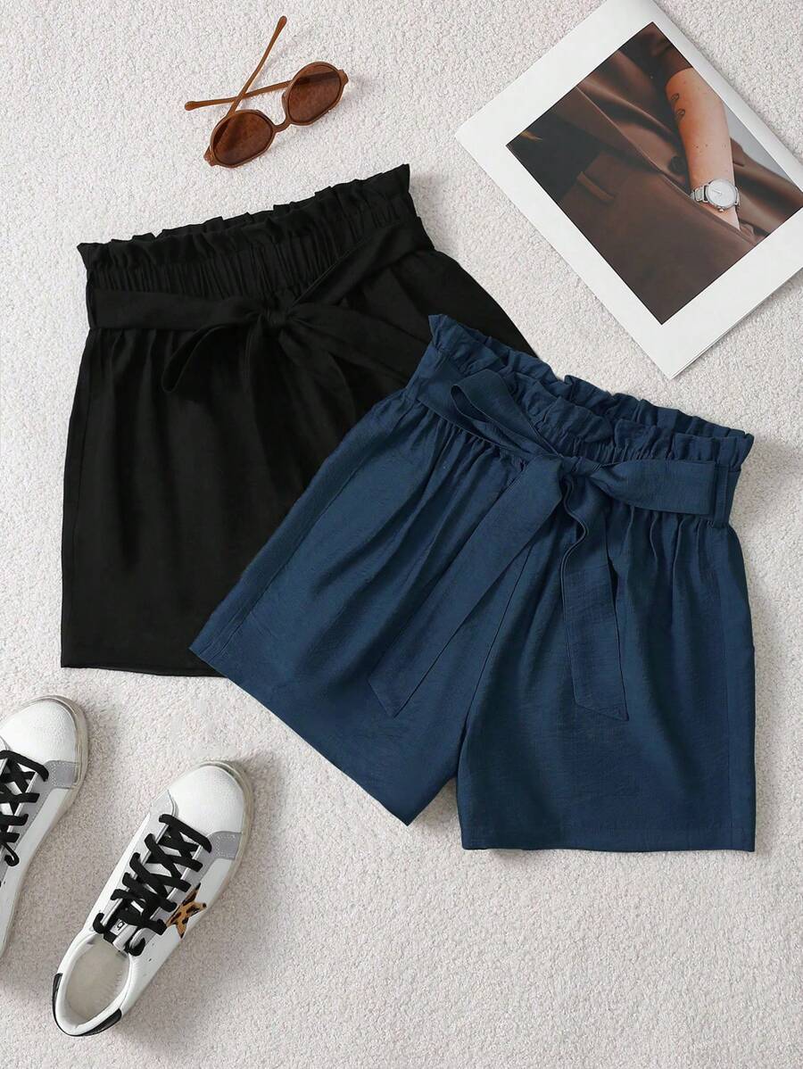 Chiquease 2 件纯色高腰纸袋抽绳休闲短裤，适合通勤和度假 - 藏蓝色 - 查看 1