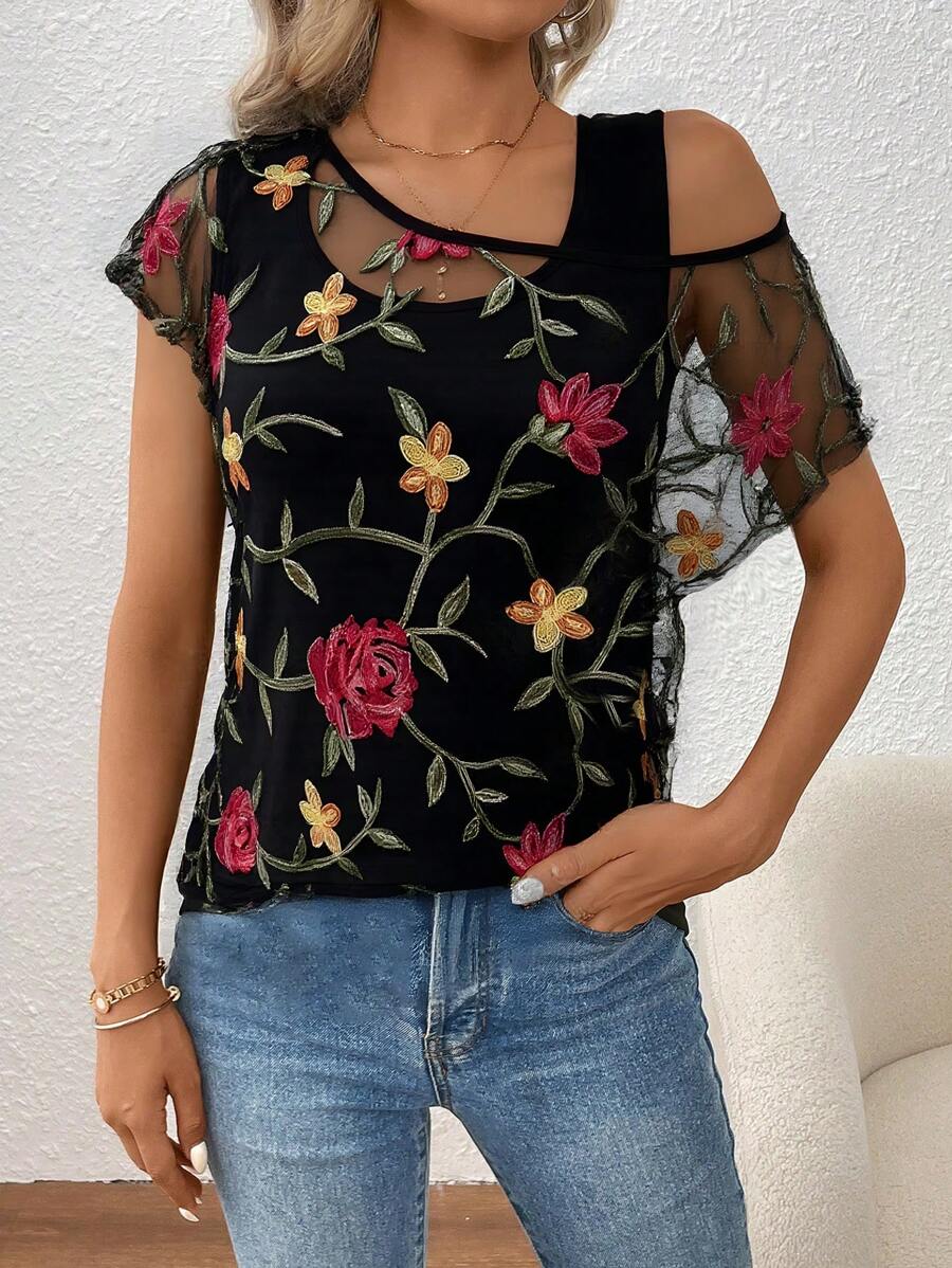 SHEIN LUNE 二合一女士宽松休闲优雅通勤约会浪漫网眼刺绣 T 恤 - 黑色 - 查看 1