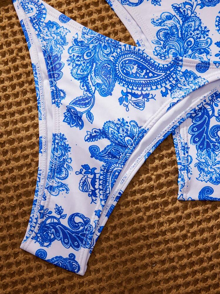 SHEIN Swim 女士优雅度假佩斯利印花比基尼套装上衣和下装，夏季海滩度假 - 藍白色 - 查看 3