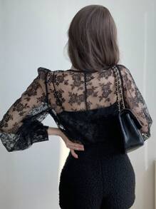 DAZY Áo cánh cổ tròn tay dài lưới rộng rãi cho nữ mùa hè - màu đen - Xem 2