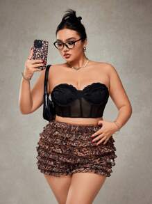 SHEIN ICON 加大码豹纹多层荷叶边超短裤，性感音乐节