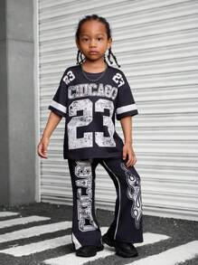 SHEIN 2pcs Boys Casual Outfit Set - Letter Graphic Round Neck Dropped Shoulder Tee And Pants