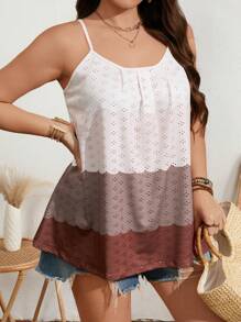 SHEIN Clasi Plus Size Women Colorblock Patchwork Eyelet Embroidery Knit Camisole Top - Multicolor - View 5