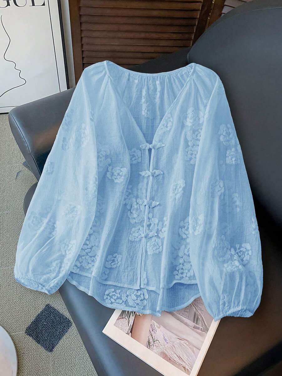 SHEIN Solid Color Floral Embroidery V-Neck Lantern Sleeve Single-Breasted Casual Shirt Fall Cloth For Women - Blue - View 1