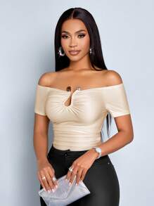 SOLERSUN 女士纯色露肩短袖修身褶皱 T 恤