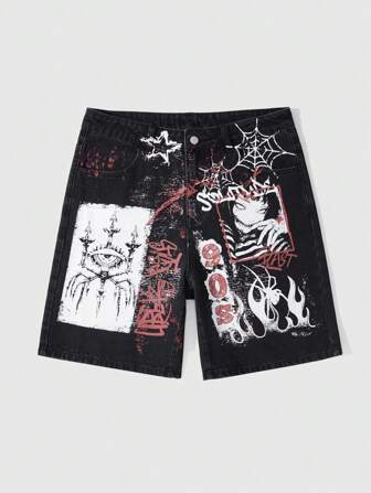 Anime Men's Anime Casual Denim Shorts, Suitable For Summer