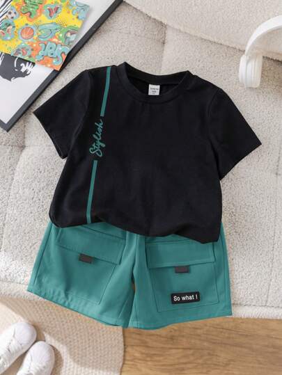 SHEIN Little Byeori 2 件套年轻男孩休闲百搭圆领 T 恤和荧光绿色工装短裤套装，适合春夏季、日常穿着、运动、户外、学校、派对、度假、拍照