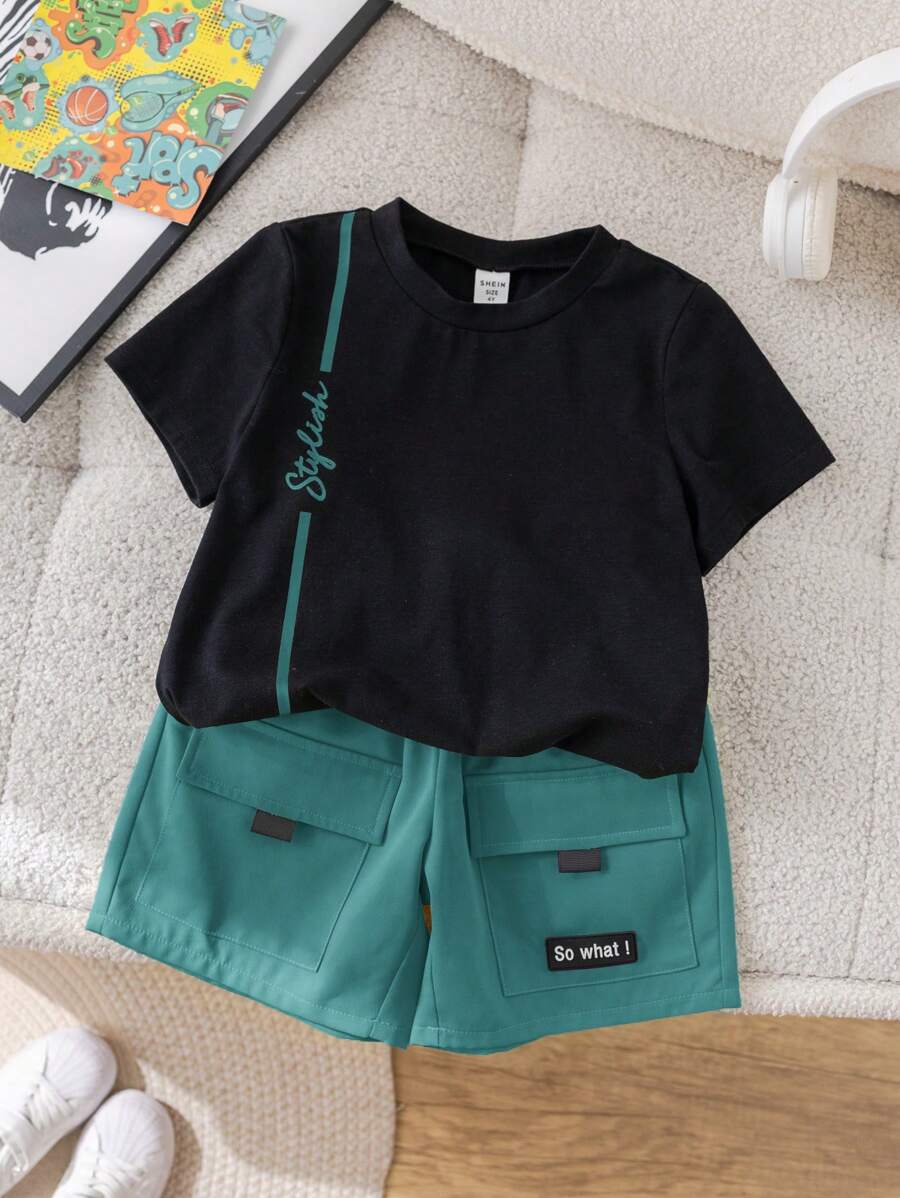 SHEIN Little Byeori 2pcs/Set Young Boys Casual Round Neck T-Shirt And Fluorescent Green Cargo Shorts,Summer Career Day Outfit For School,Sports,Holiday & Daily Wear - Baby Blue - View 1