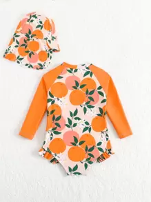 SHEIN Baby Girls One-Piece Swimsuit With Random Print & Ruffle Trim, Comes With Hat - Multicolor - View 2