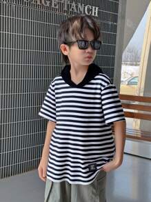 SHEIN 兒童中大童條紋印花拼接細節連帽t恤 - 黑與白 - 查看 5