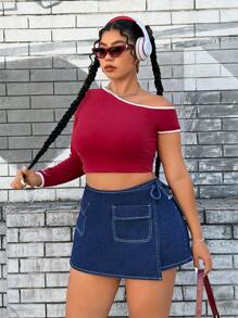 SHEIN ICON Celana Pendek Mini Denim Warna Gelap Ukuran Plus dengan Jahitan Kontras dan Detail Tali Samping - Dark Wash - View 7