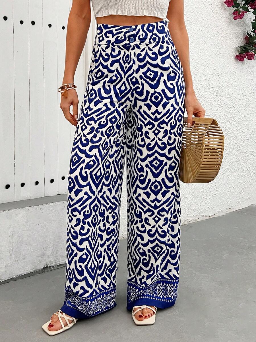 EURMUSE Boho Ikat-Print Wide-Leg Pants - Blue & White | Elevate Your Summer Style With These Striking Ikat-Print Pants, Featuring A Relaxed Wide-Leg Fit And Lightweight, Airy Fabric For Ultimate Comfort. Perfect For Beach Days, Vacations, Or Adding A Pop Of Color To Your Everyday Wardrobe, These High-Waist Pants Combine Bold Patterns With Effortless Elegance - Blue - View 1