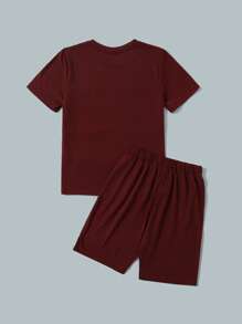 SHEIN Boys Letter Graphic Colourblock Tee and Track Shorts Set - Maroon - View 2